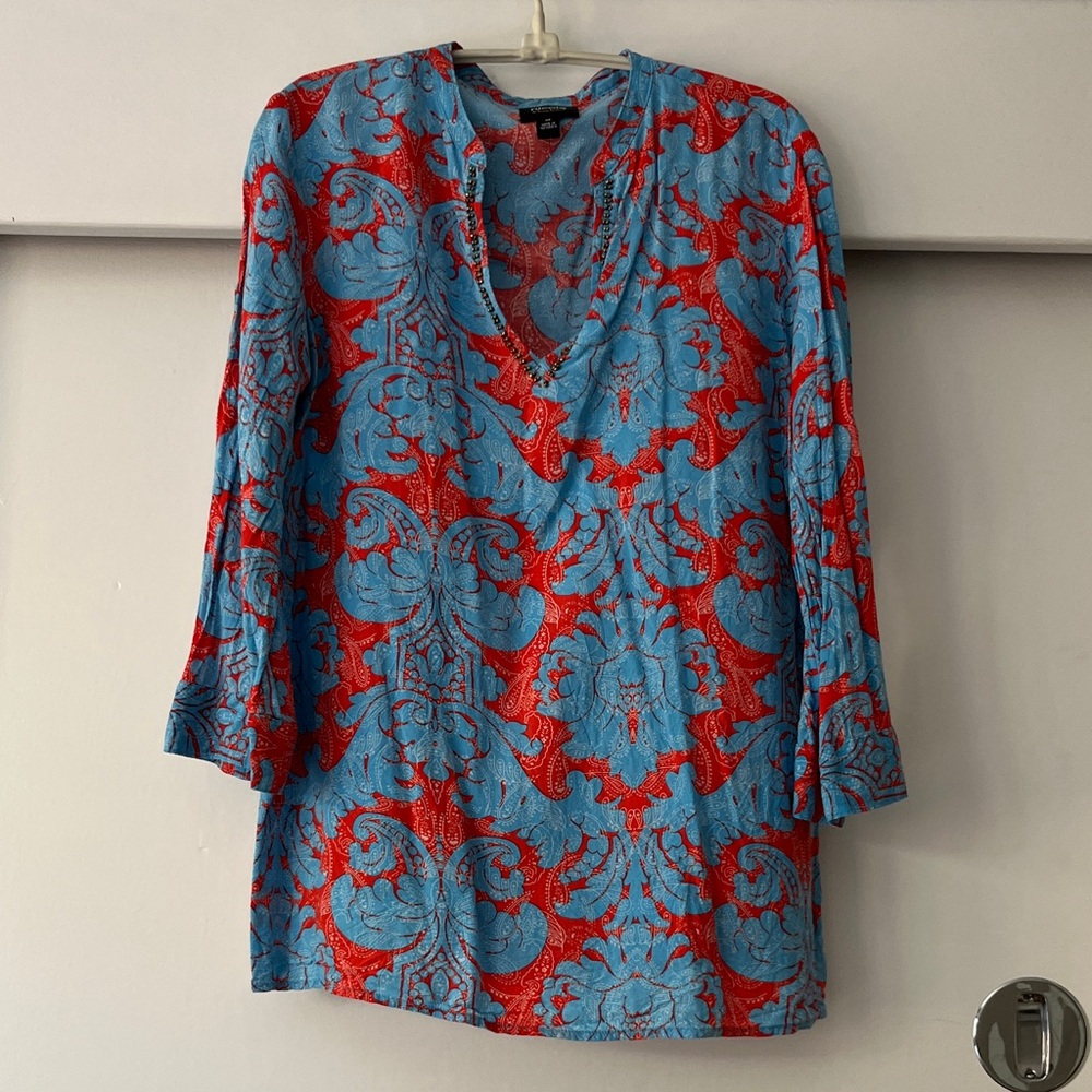 V-Neck Printed Tunic Top in Blue & Red